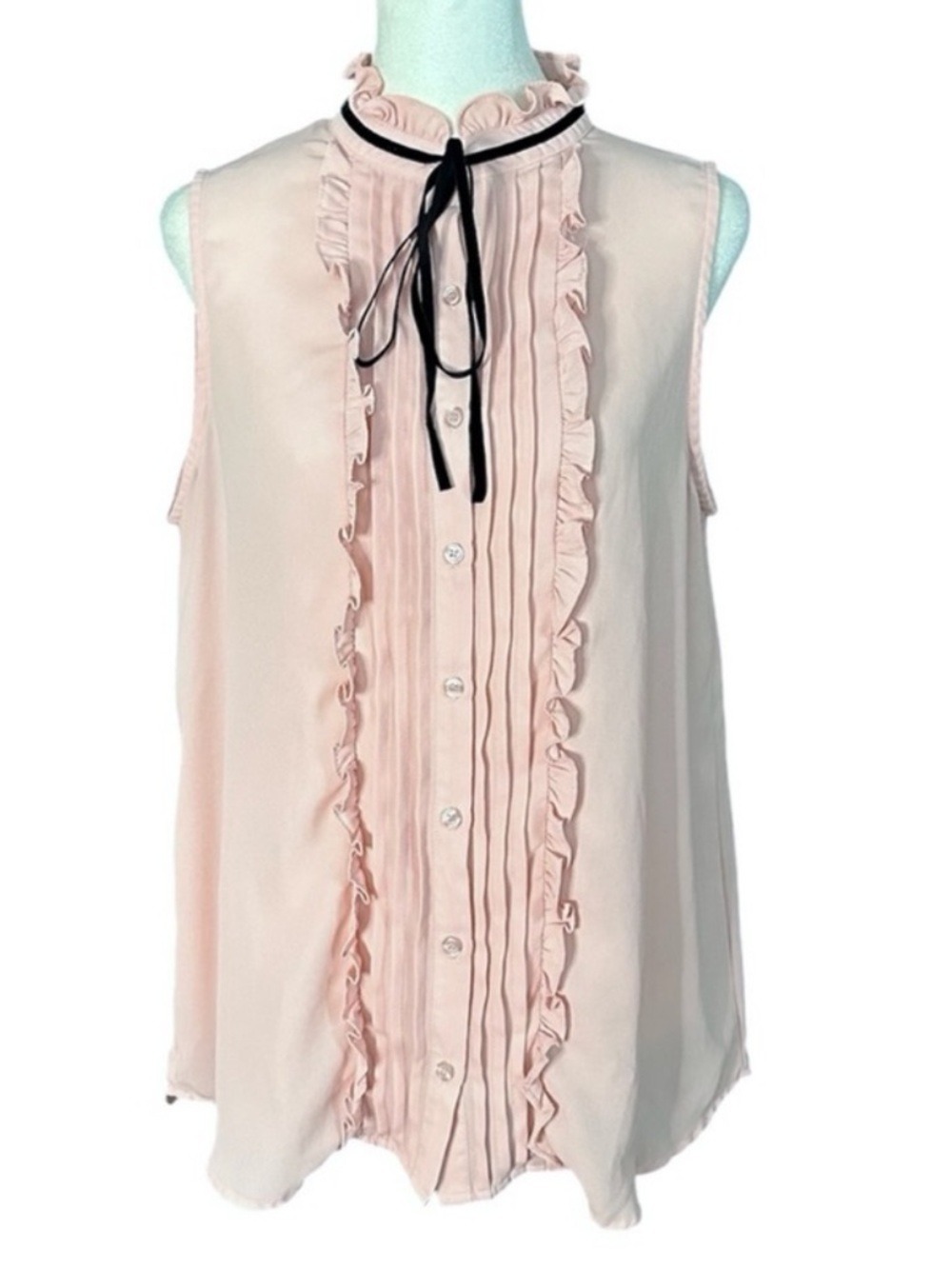 Pleione Vintage Style Ruffled Mock Neck Sleeveless Ribbon Tie Blouse Medium